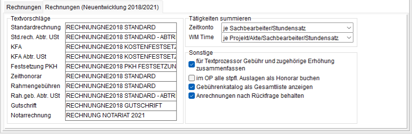 Programm-Parameter: die Registerkarte "Honorar", Unterregisterkarte "Rechnungen (Neuentwicklungen 2018/ 2021)"