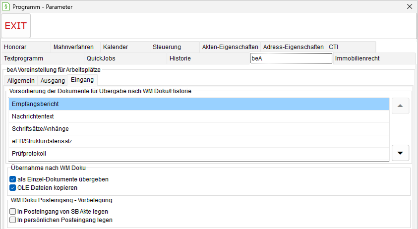 Programm-Parameter: die Registerkarte "beA", Register "Eingang"
