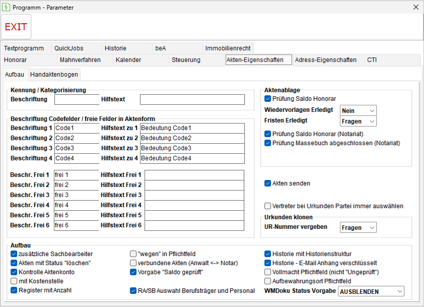 Die Programm-Parameter: die Registerkarte "Akten-Eigenschaften"