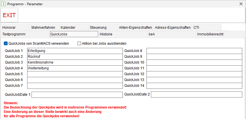 Programm-Parameter: die Registerkarte "QuickJobs"