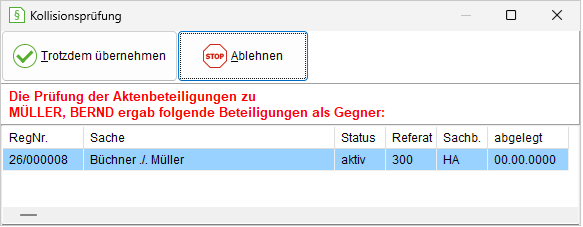 Das Fenster "Kollisionsprüfung"