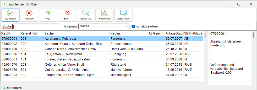 Das Suchfenster für Akten