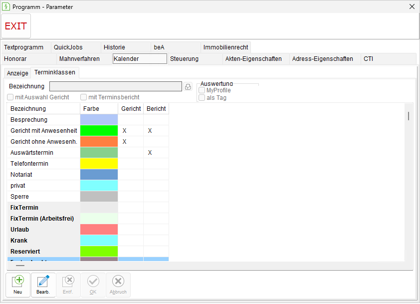Programm-Parameter: Registerkarte "Kalender", Unterregisterkarte "Terminklassen"