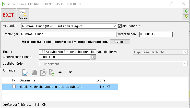Das Fenster "Abgabe eines EMPFANGSBEKENNTNISSES"