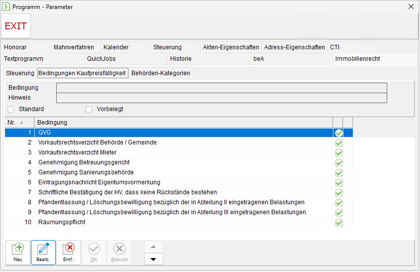 Programm-Parameter: die Registerkarte "Immobilienrecht", Unterregisterkarte "Bedingungen Kaufpreisfälligkeit"