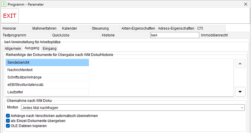 Programm-Parameter: der Registerkarte "beA", Register "Ausgang"