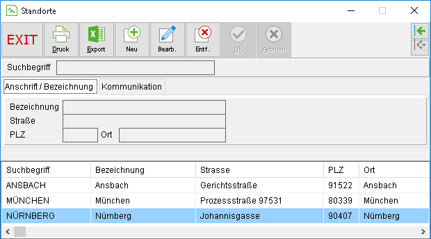 Das Fenster "Standorte"