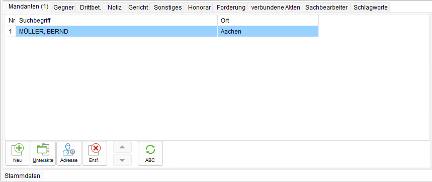 Die Akten-Registerkarte "Mandant" mit Mandanten-Datensatz