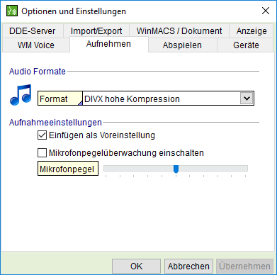 Das Fenster "Optionen und Einstellungen": die Registerkarte "Aufnehmen"