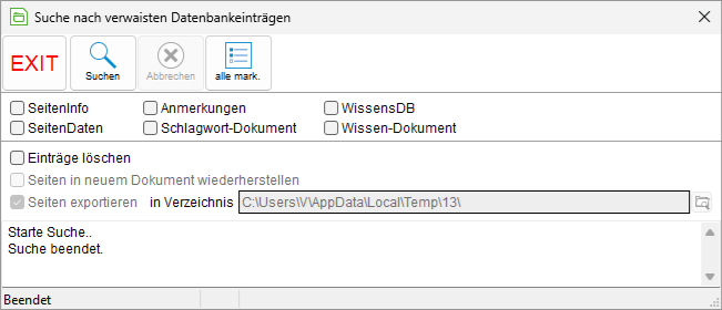 Das Fenster "Suche nach verwaisten Datenbankeinträgen"