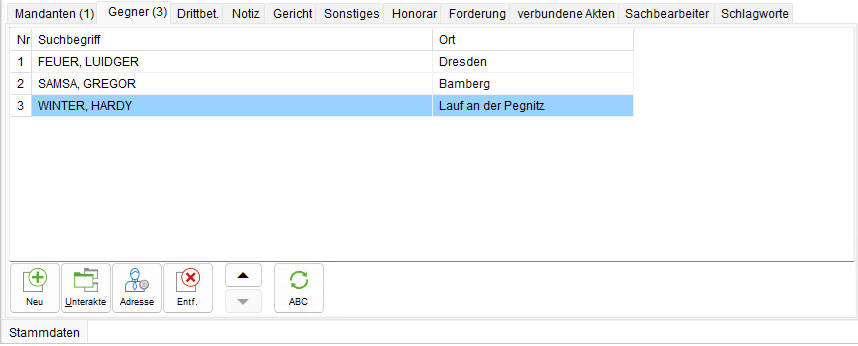 Die Akten-Registerkarte "Gegner"