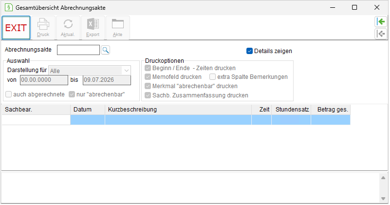 Das Fenster "Gesamtübersicht Abrechnungsakte"