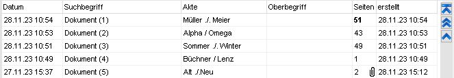 Die Dokumentliste mit Spaltenüberschriften