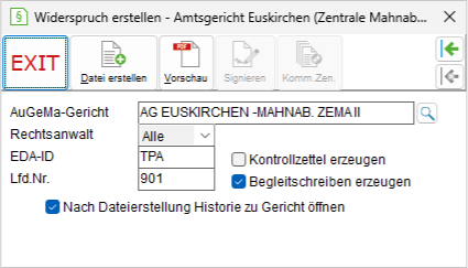 Das Fenster "Widerspruch erstellen"