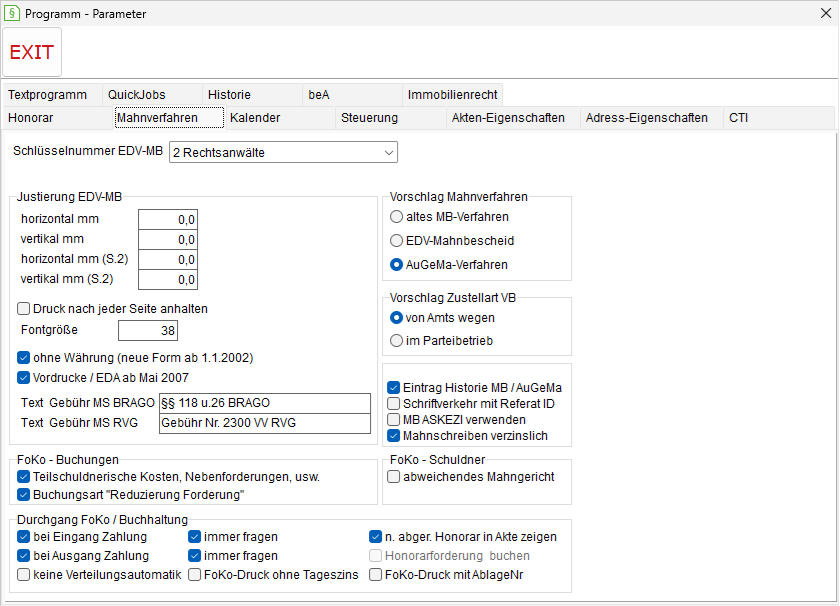 Programm-Parameter: die Registerkarte "Mahnverfahren"