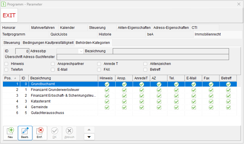 Programm-Parameter: die Registerkarte "Immobilienrecht", Unterregisterkarte "Behörden-Kategorien"