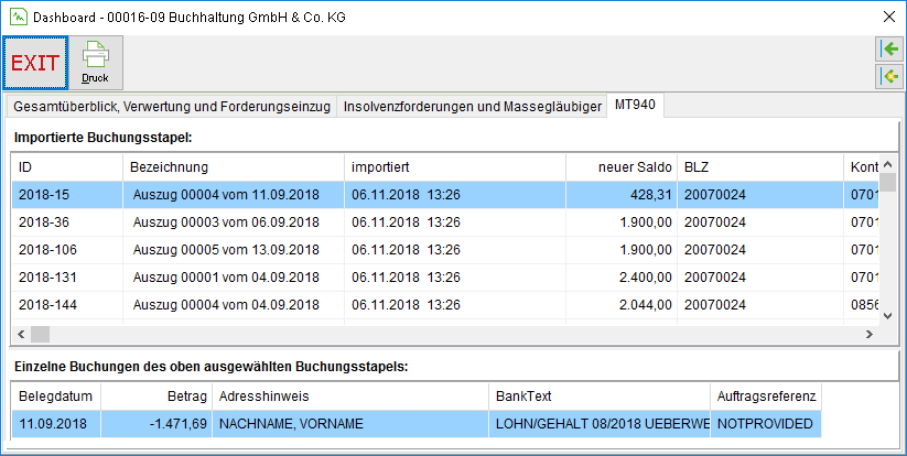 Das Fenster "Dashboard": das Register "MT940"