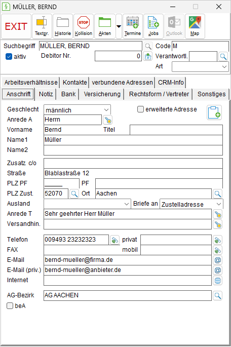 Das Adressfenster: die Registerkarte "Anschrift"