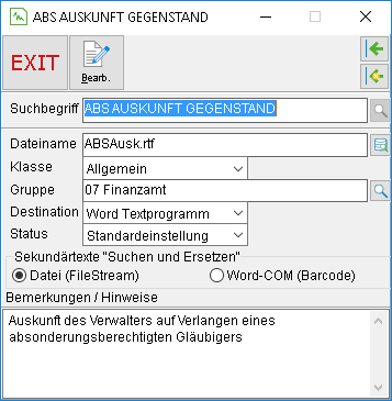 Das Fenster zum Rohtexte-Verwalten