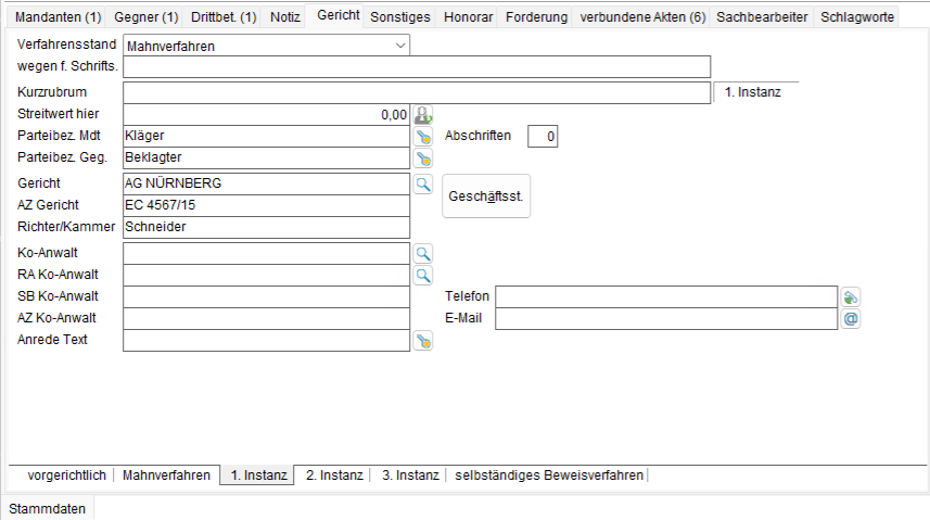 Die Akten-Registerkarte "Gericht”: die Unterregisterkarte "1. Instanz"