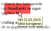 Markierter Text mit Begründung in der Quick-Info