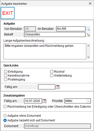 Das Fenster "Neue Aufgaben"