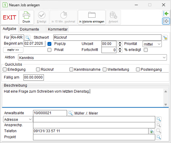 Das Fenster "Neuen Job anlegen": die Registerkarte "Aufgabe"