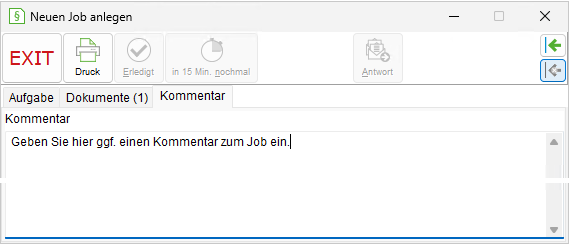 Das Fenster "Neuen Job anlegen": die Registerkarte "Kommentar"