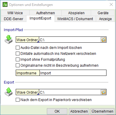 Das Fenster "Optionen und Einstellungen": die Registerkarte "Import/ Export"