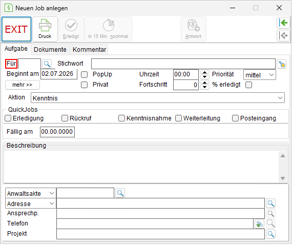 Das Fenster "Neuen Job anlegen"