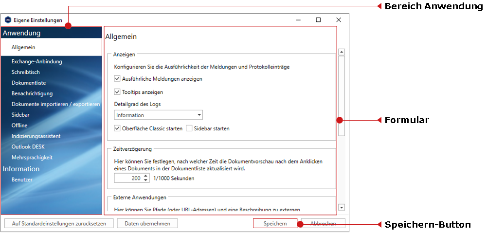 Das Fenster "Eigene Einstellungen"
