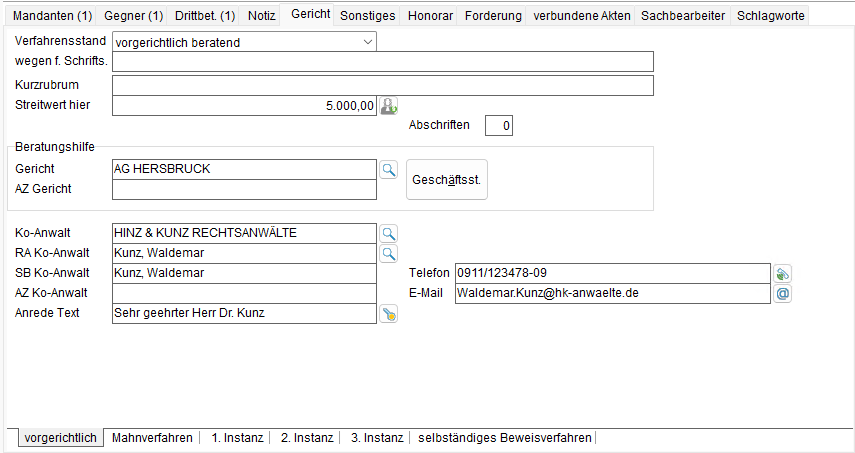 Die Akten-Registerkarte "Gericht"