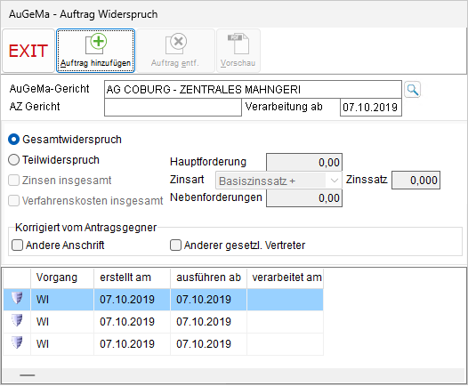 Das Fenster "AuGeMa – Auftrag Widerspruch"