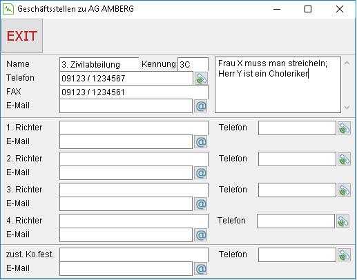 Das Fenster "Geschäftsstellen zu Gericht"