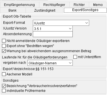 Die Gerichts-Adresse: die Registerkarte "Export/ Sonstiges" (Ausschnitt)