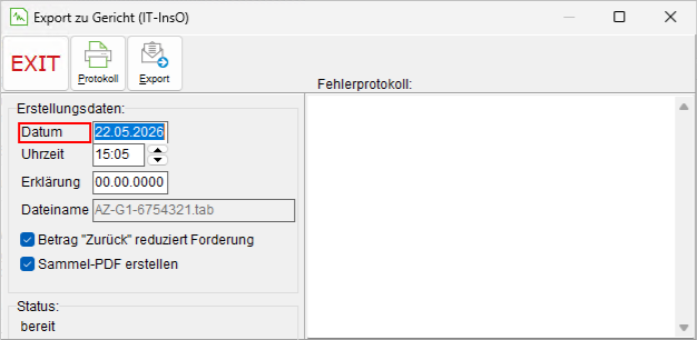 Das Fenster "Export zu Gericht"
