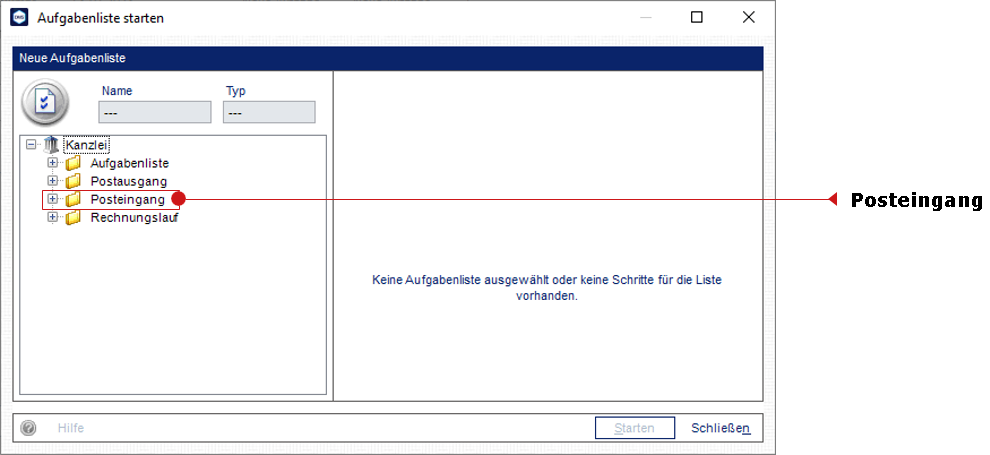 Das Fenster "Aufgabenliste starten"