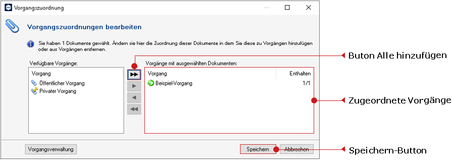 Das Fenster "Vorgangszuordnungen bearbeiten"