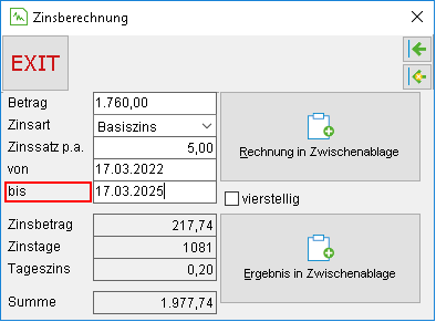 Das Fenster "Zinsberechnung"