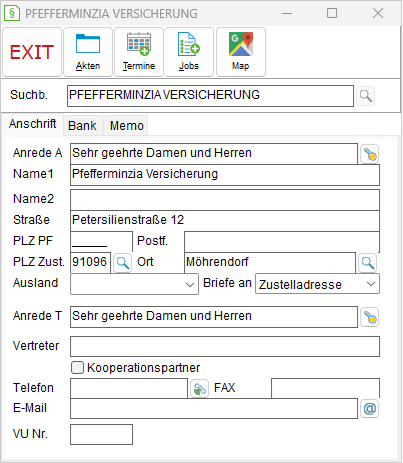 Die Versicherungsadresse: die Registerkarte "Anschrift"