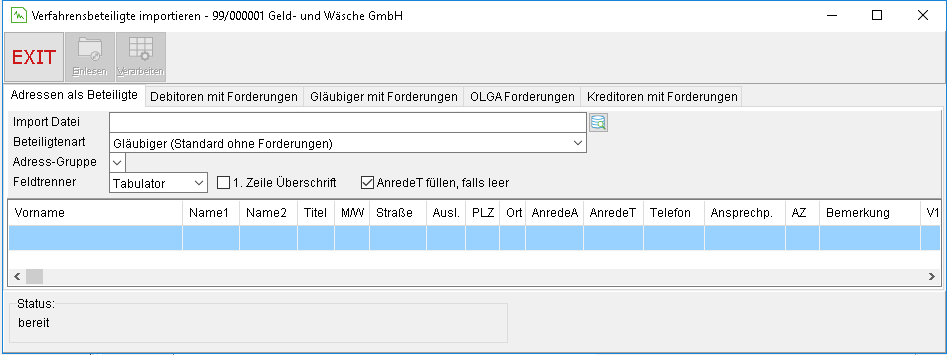 Das Fenster "Verfahrensbeteiligte importieren": die Registerkarte "Adressen als Beteiligte"