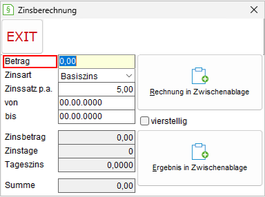 Das Fenster "Zinsberechnung"