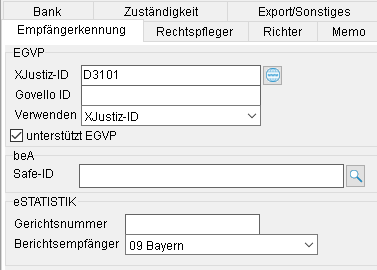 Die Gerichts-Adresse: die Registerkarte "Empfängerkennung"