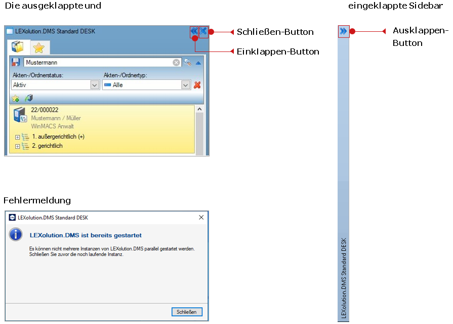 Die ausgeklappte und eingeklappte Sidebar