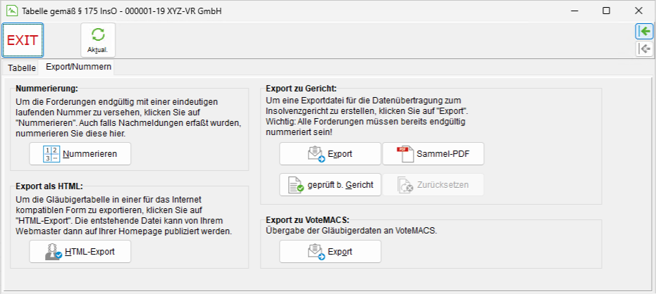 Die Gläubigertabelle: das Register "Export/ Nummern"
