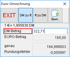 Das Fenster "Euro-Umrechnung"