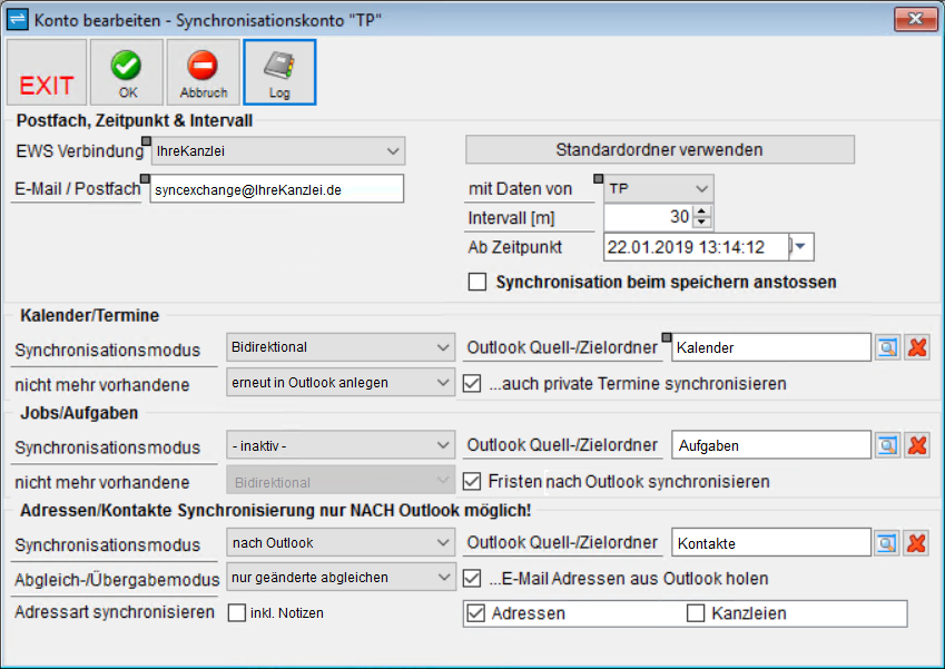 Konto bearbeiten – Synchronisationskonto