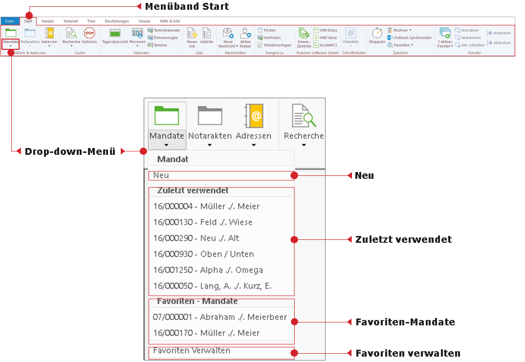 Das Drop-down-Menü des Button Mandate im Hauptfenster-Menüband "Start"