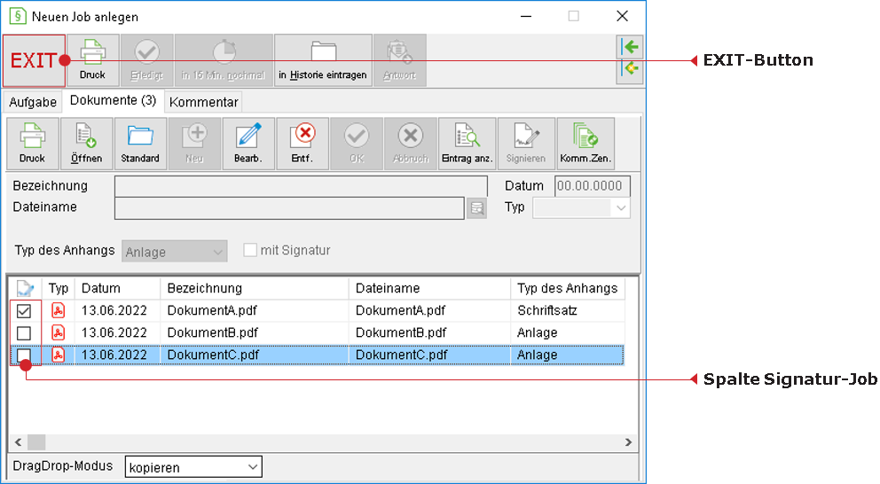 Job-Fenster: Registerkarte "Dokumente"