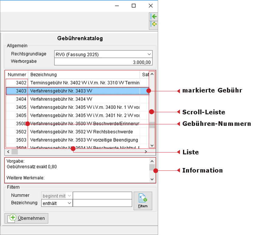 Ausschnitt des Honorar-Fensters: Gebührenkatalog